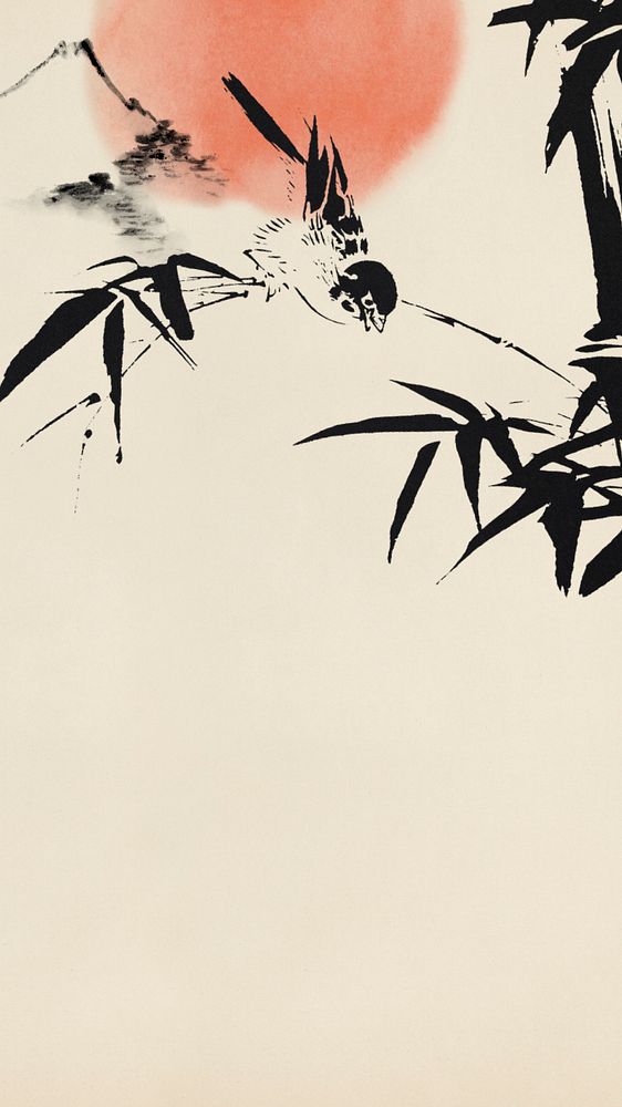 Vintage nature mobile wallpaper, bird perching on a bamboo branch, editable design