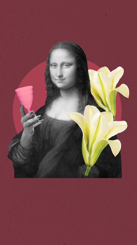 Mona Lisa mobile wallpaper, female hygiene collage remix, Da Vinci's famous painting, remixed by rawpixel