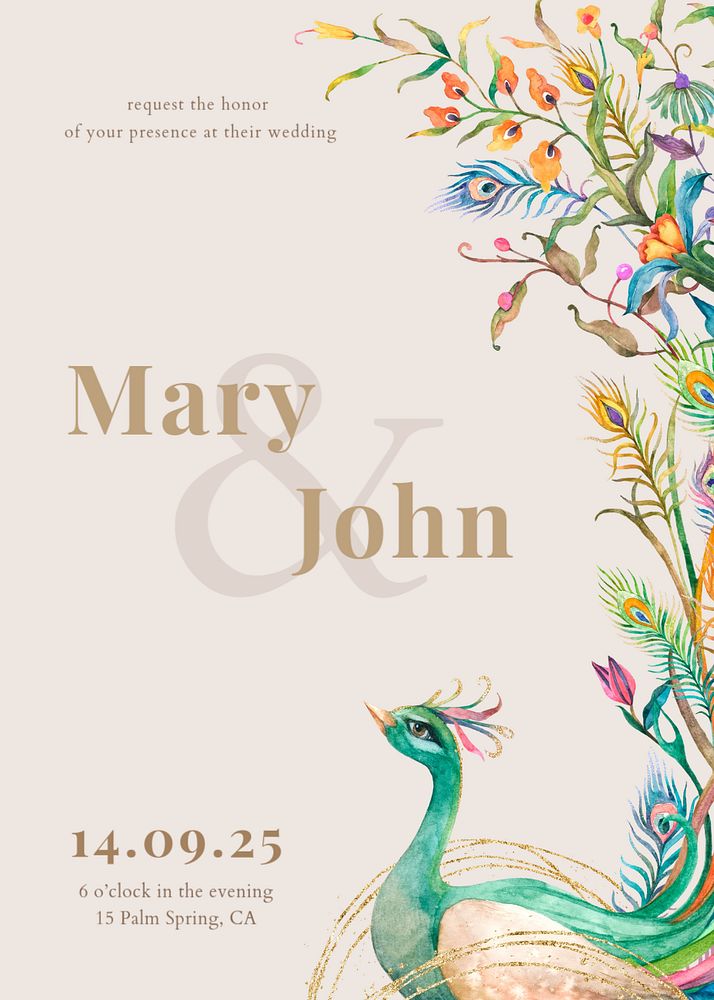 Peacock wedding invitation template, flower illustration, editable design