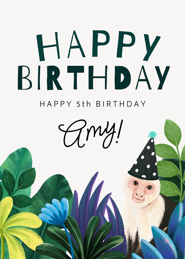 Animal birthday card template, editable hand-drawn nature