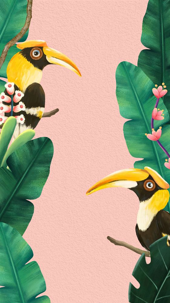 Hand-drawn hornbill mobile wallpaper, editable tropical nature remix