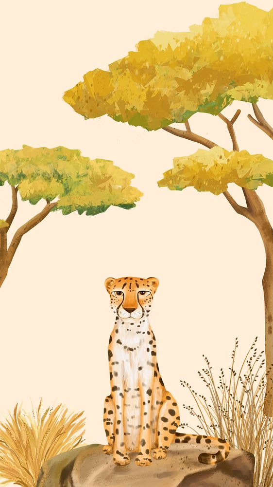 Hand-drawn cheetah mobile wallpaper, editable nature design