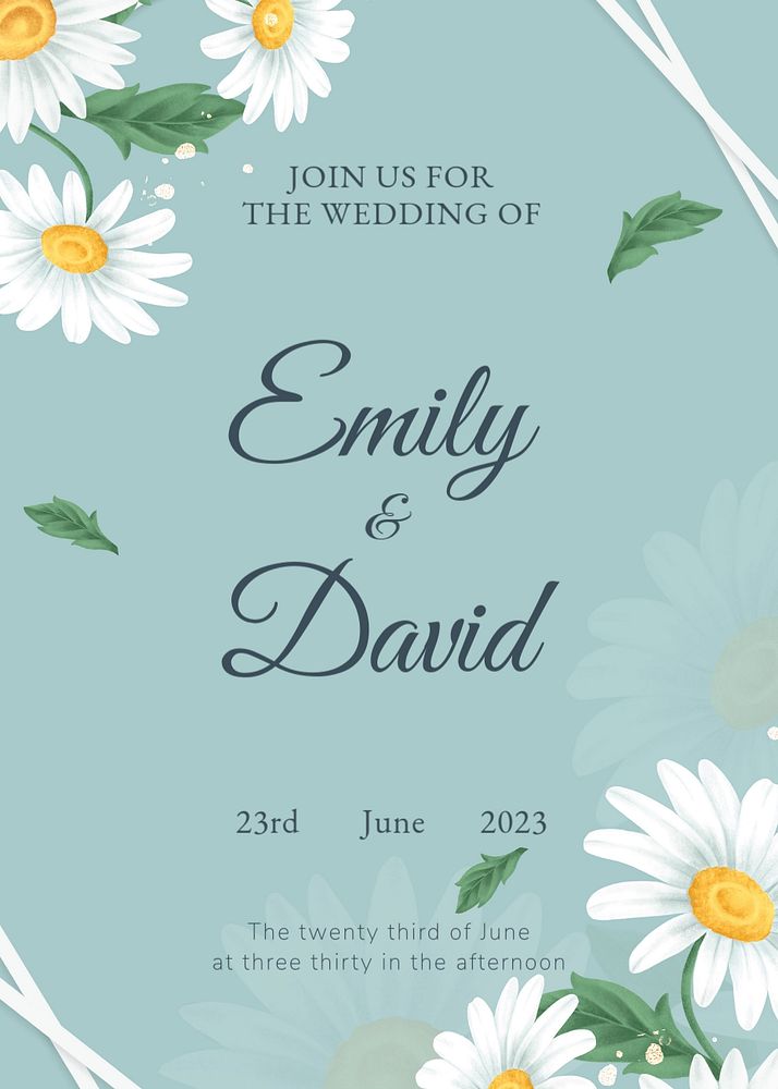 Daisy wedding invitation card template, editable design