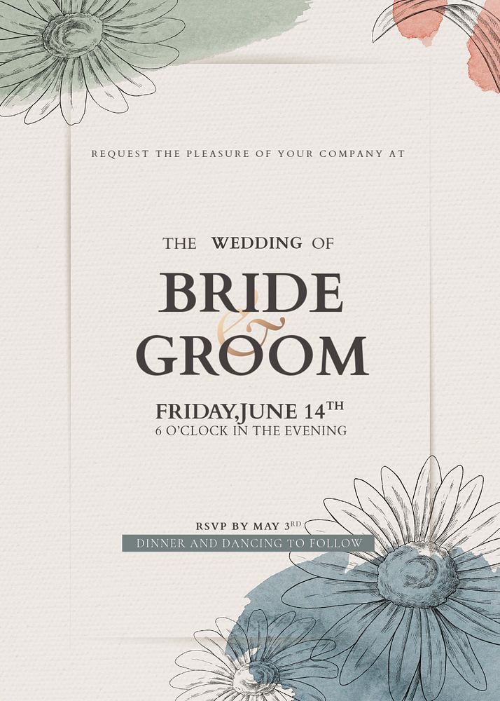 Floral wedding invitation card template, editable design