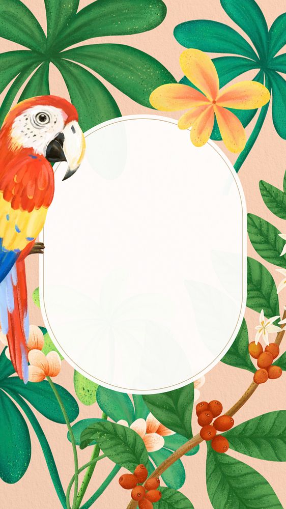 Editable oval frame, hand-drawn parrot remix