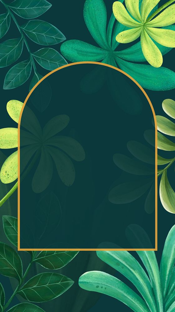 Editable gold frame, hand-drawn green leaves, nature remix