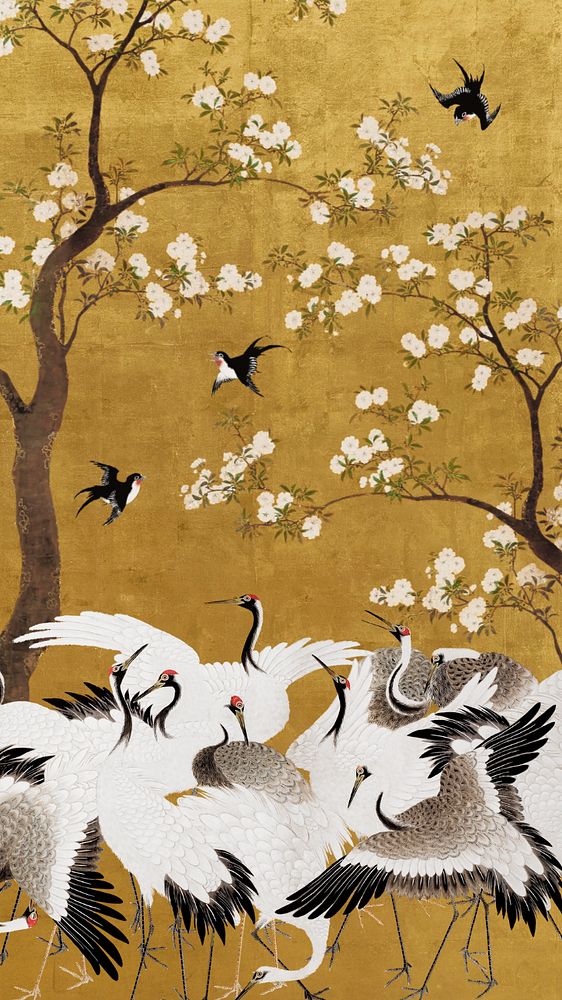 Hokusai's gold cranes iPhone wallpaper, Japanese animal illustration, editable design