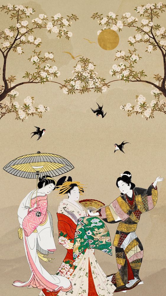 Customizable vintage Japanese women, cherry blossom festival ukiyo-e remix