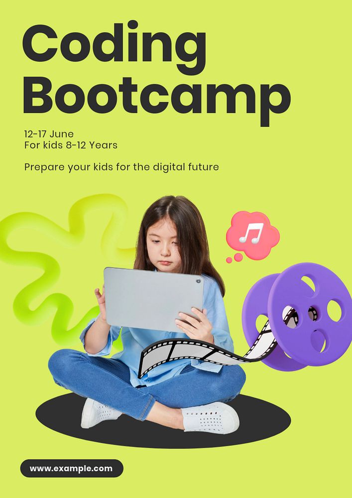 Kids Coding Bootcamp poster template, editable 3d design