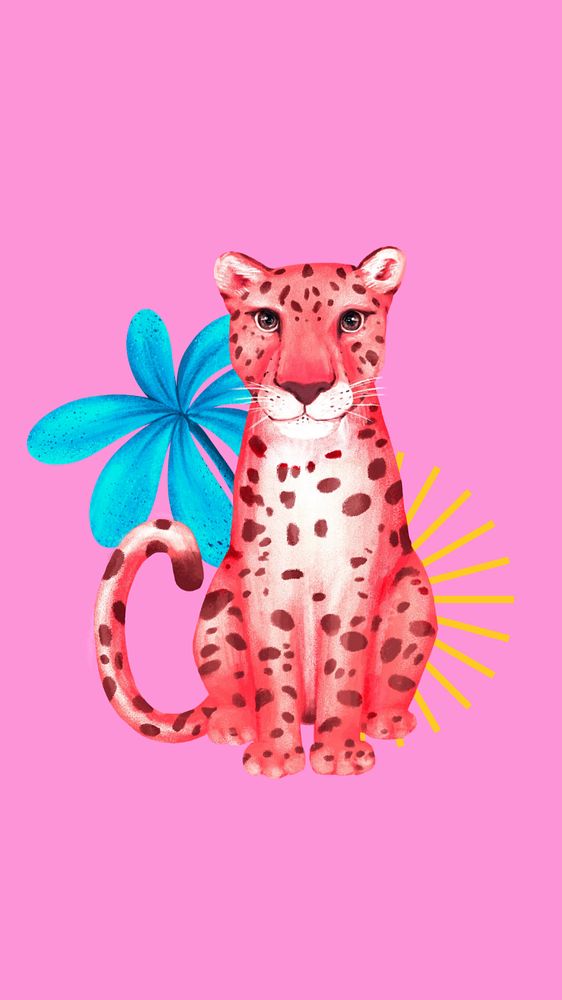 Pink leopard mobile wallpaper, editable hand-drawn wildlife