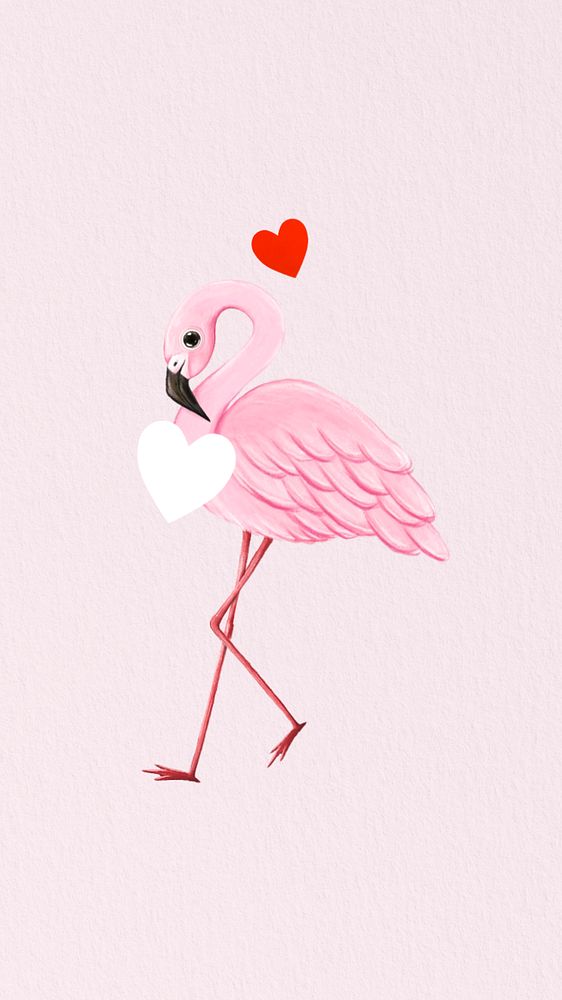 Hand-drawn flamingo mobile wallpaper, editable Valentine's design