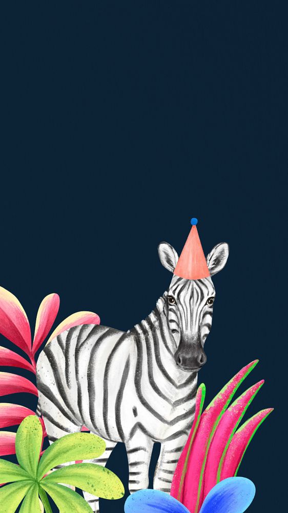 Editable party zebra mobile wallpaper, hand-drawn wild animal design