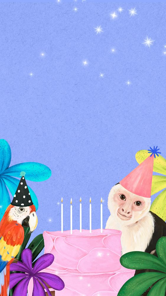 Birthday mobile wallpaper, editable hand-drawn wildlife design