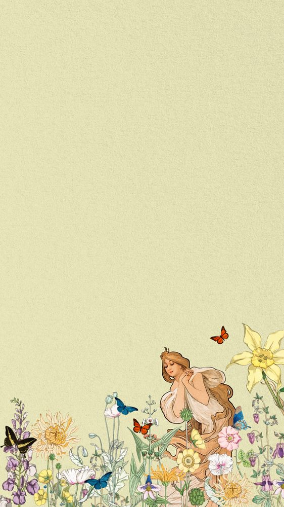 Pink flower border iPhone wallpaper, art nouveau lady, remixed from the artwork of Alphonse Mucha, editable design