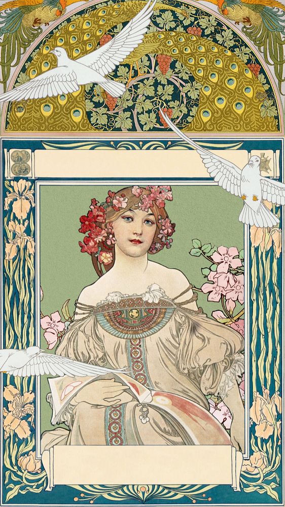 Flower crowned woman mobile wallpaper, editable vintage art nouveau background, remixed from the artwork of Alphonse Mucha