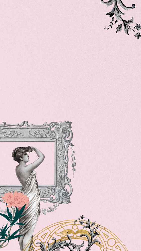 Pink vintage iPhone wallpaper, ornate border frame, remixed by rawpixel, editable design