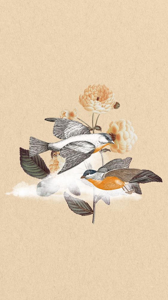 Vintage bird iPhone wallpaper, beige animal background