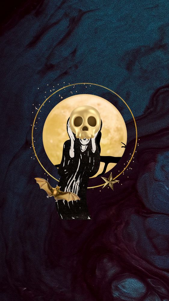 The Scream mobile wallpaper, 3D gold skull, remixed by rawpixel