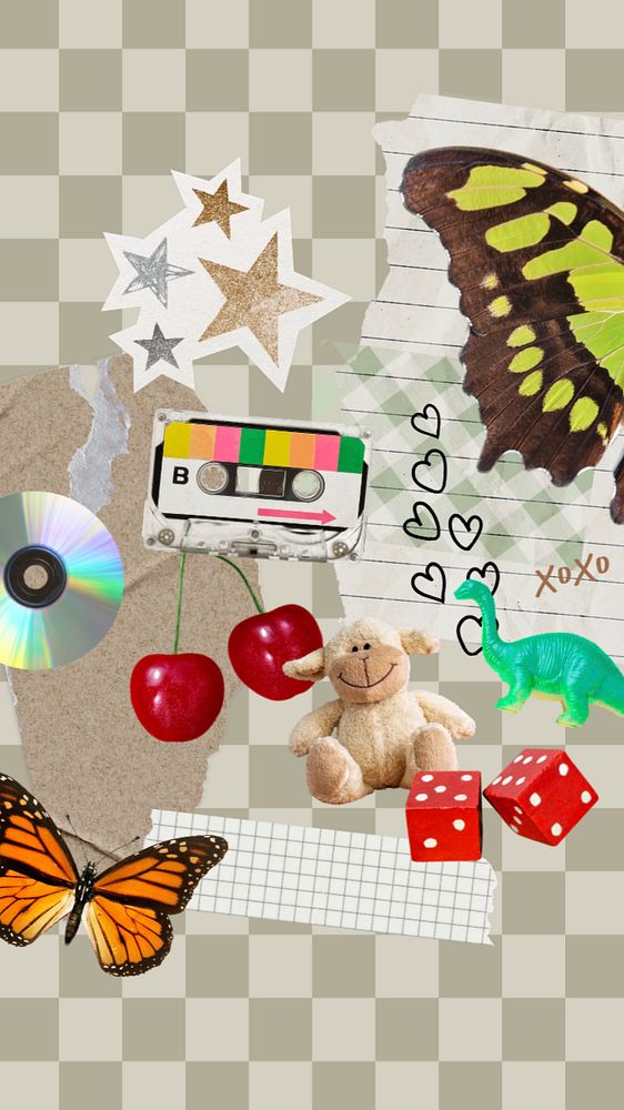 Stuffed toy collage iPhone wallpaper, retro aesthetic background