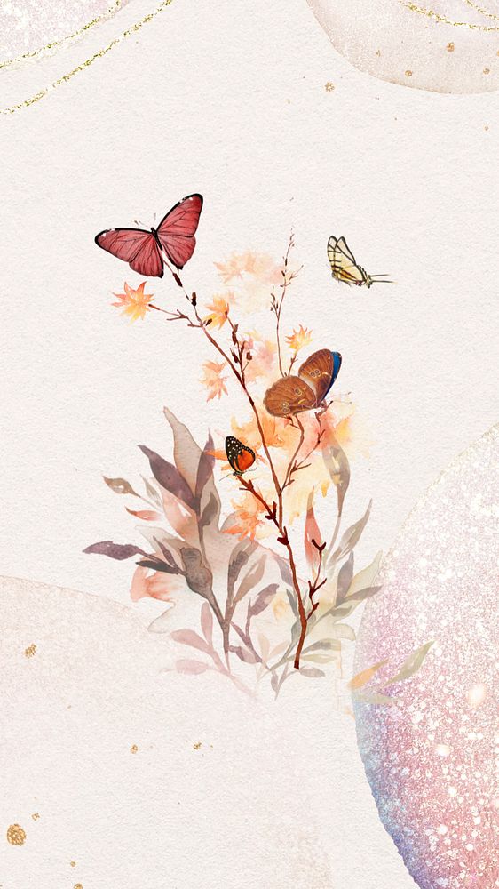 Aesthetic butterflies iPhone wallpaper, botanical background