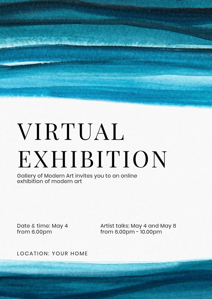 Virtual Exhibition poster template, blue watercolor design