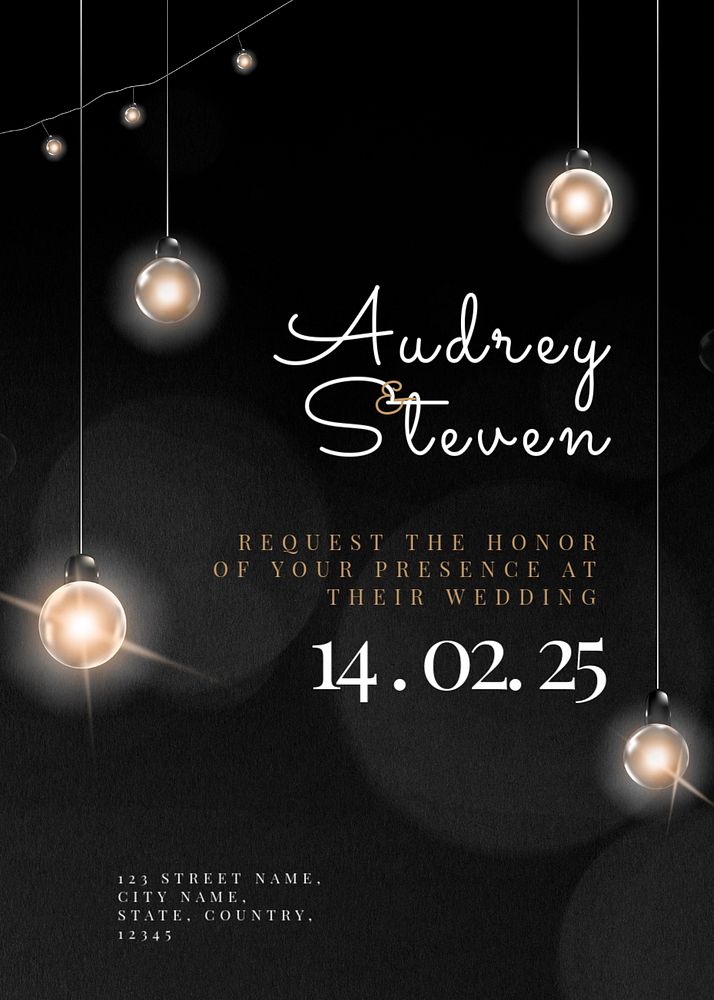 Editable wedding invitation card template, festive hanging lights design