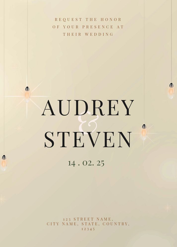 Editable wedding invitation card template, festive hanging lights design