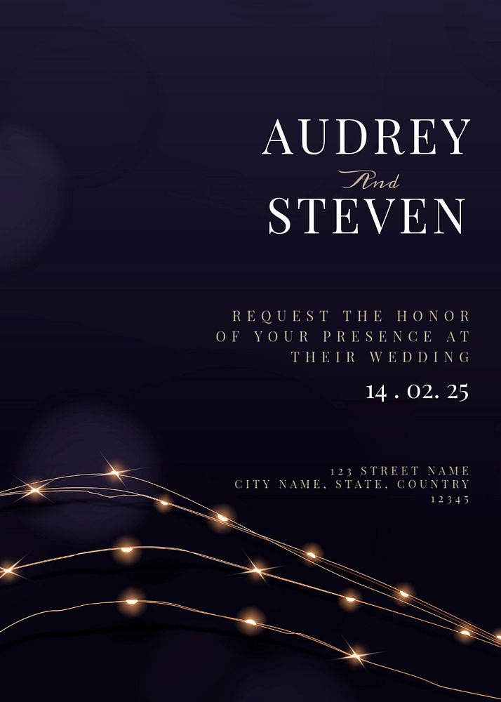 Wedding invitation card template, editable fairy lights design