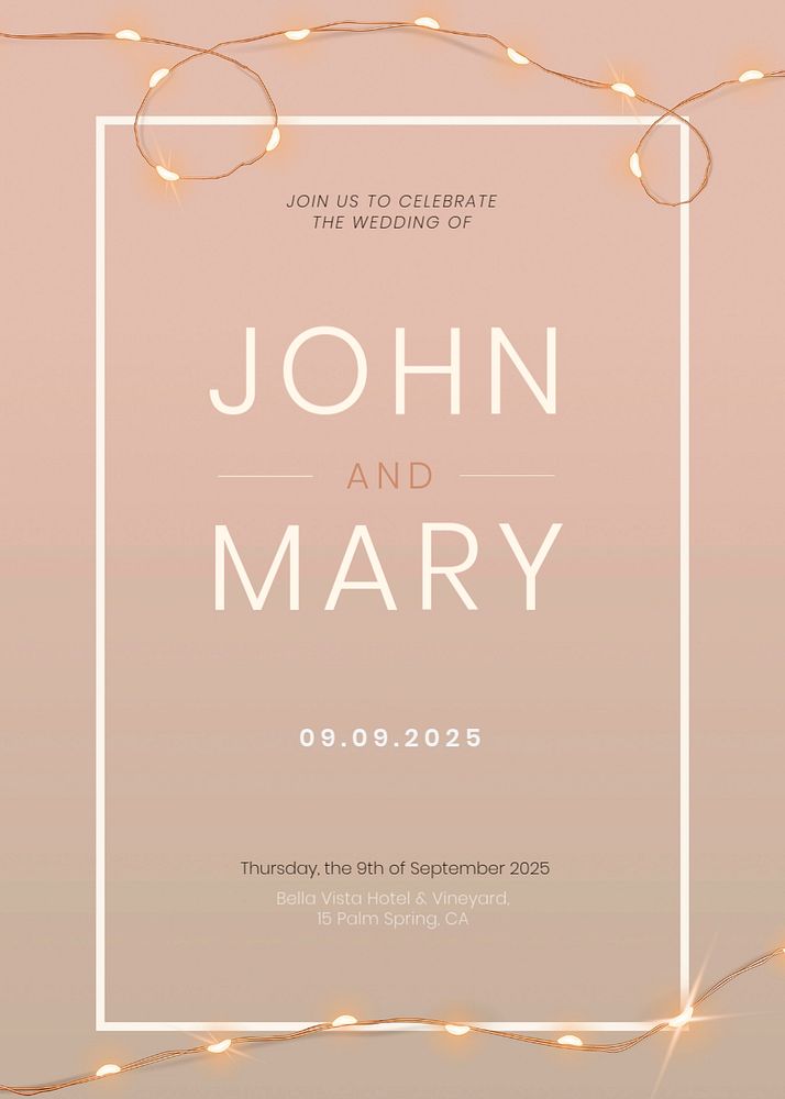 Wedding invitation card template, editable fairy lights design