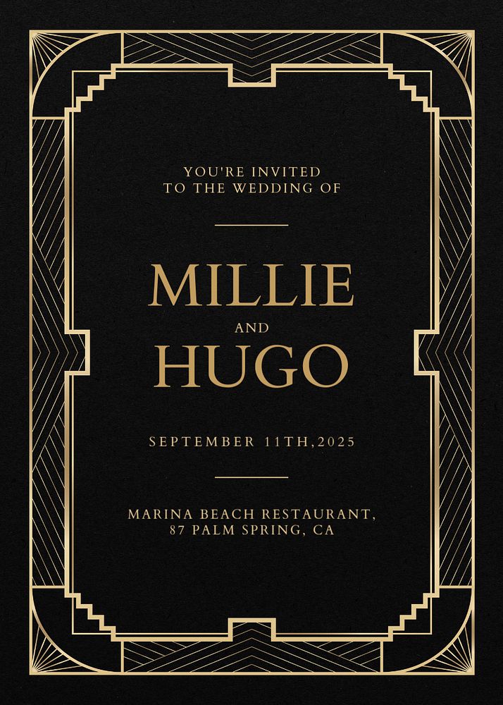 Gatsby wedding invitation card template, editable art deco design