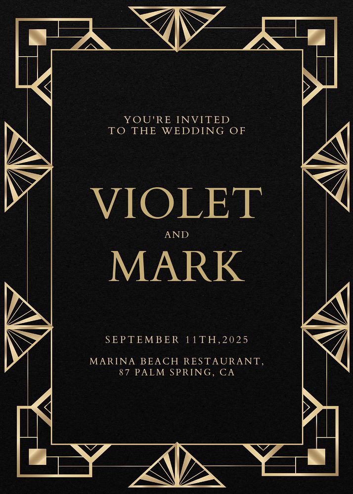 Gatsby wedding invitation card template, editable art deco design