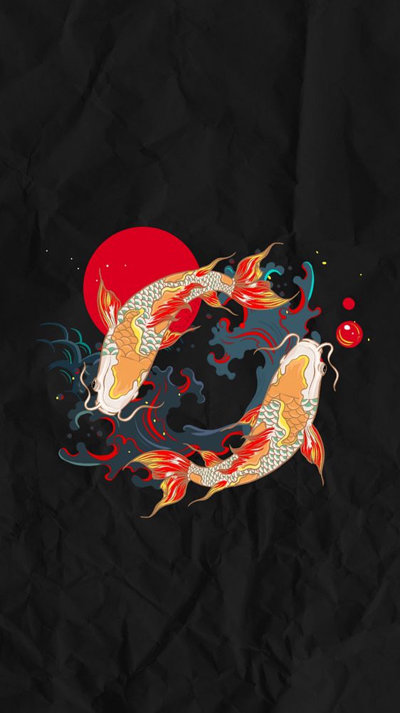 Koi carp fish iPhone wallpaper, Japanese oriental illustration, editable design