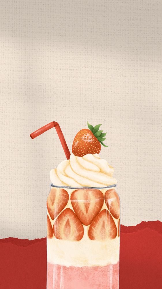 Strawberry parfait smoothie mobile wallpaper, pink ripped paper border, editable design