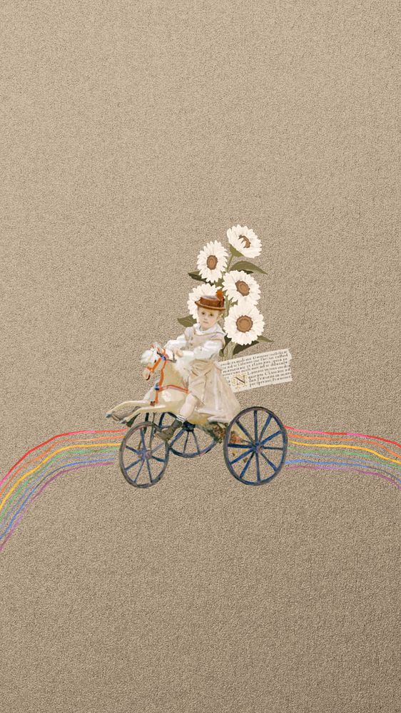 Vintage tricycle girl phone wallpaper, rainbow path background