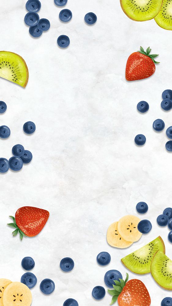 Smoothie fruits frame iPhone wallpaper, off-white marble, editable design