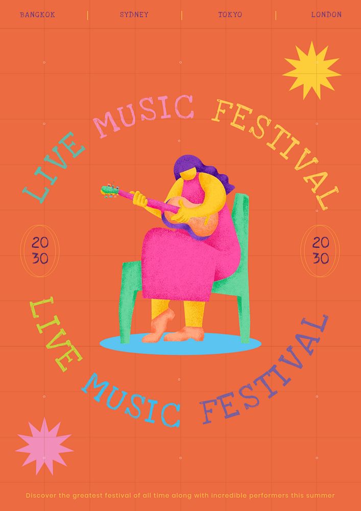 Music festival editable poster template, colorful illustration