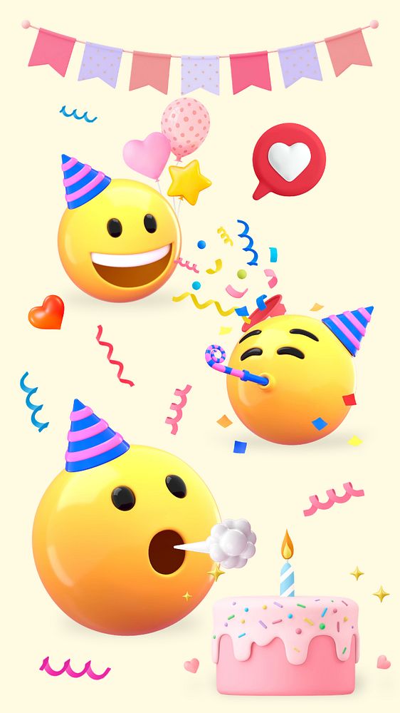 3D birthday emoticon iPhone wallpaper, editable celebration illustration