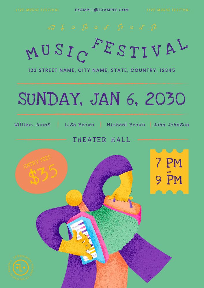 Music fest editable poster template, colorful illustration