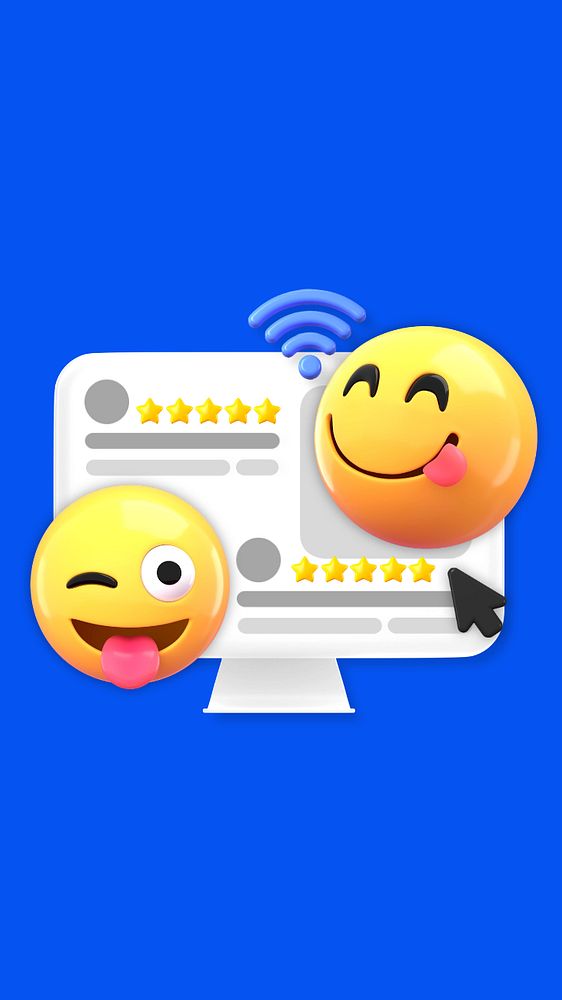 Positive review emoticons mobile wallpaper, blue 3D background, editable design