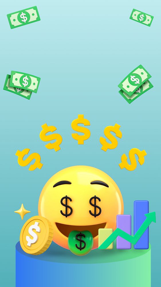 Money-mouth face emoticon phone wallpaper, growing revenue business background, editable design