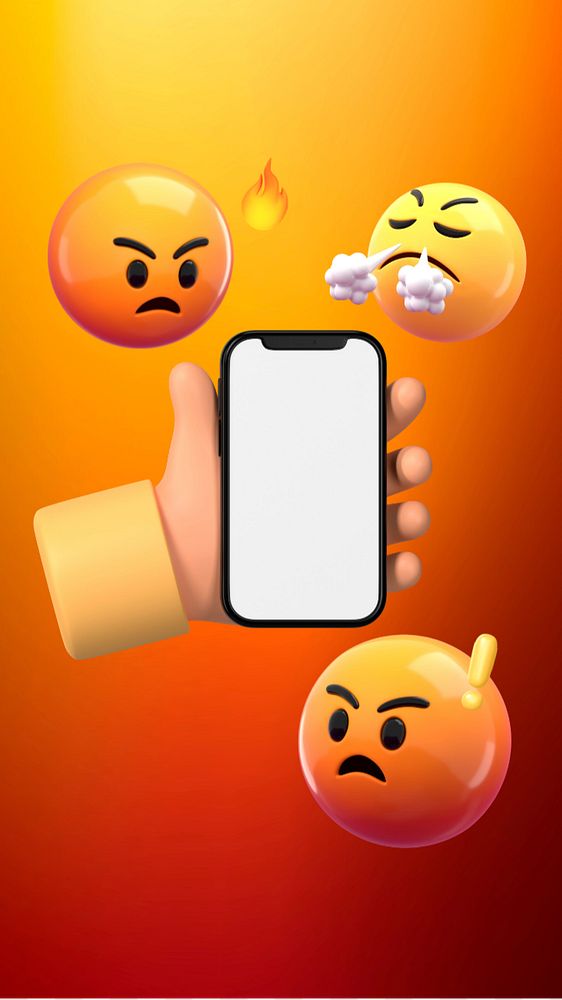 Angry emoticons iPhone wallpaper, 3D hand holding phone graphic, editable design