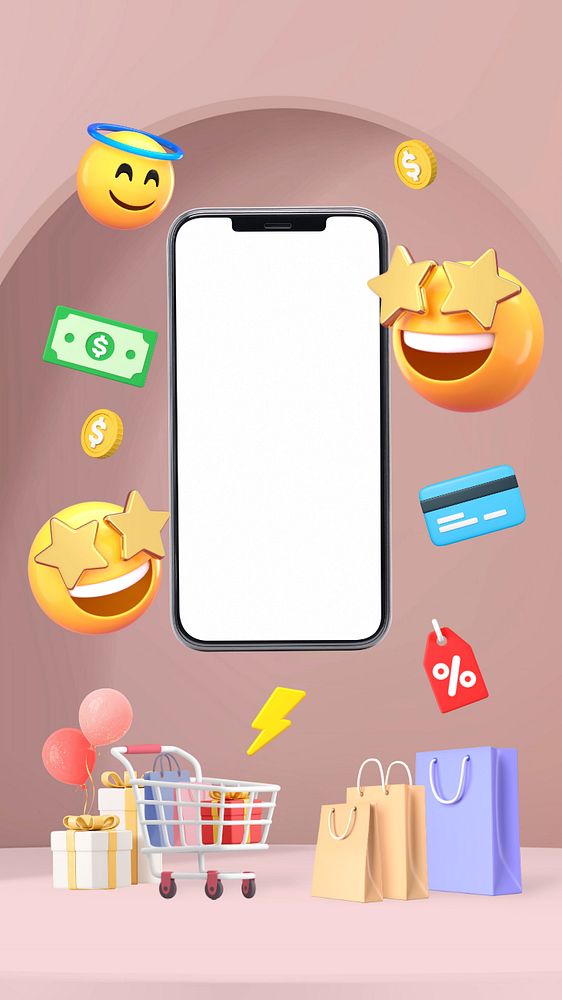 3D online shopping iPhone wallpaper, emoticon illustration