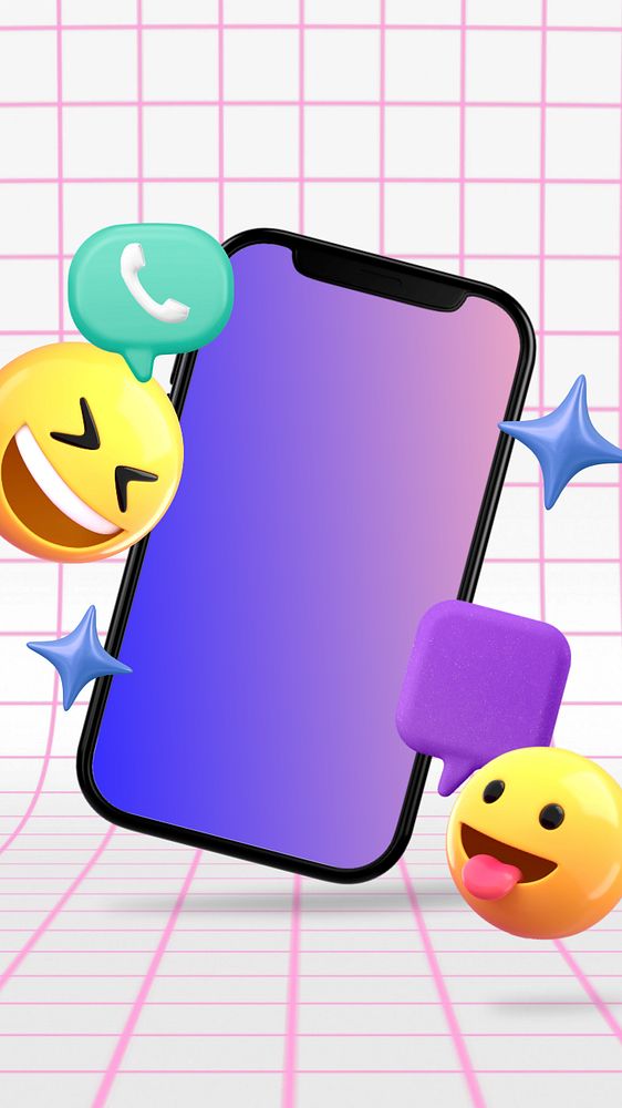 Phone call emoticons mobile wallpaper, pink grid background, editable design