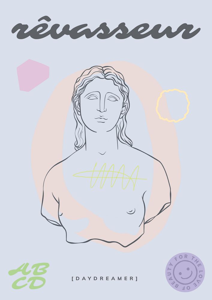 Aesthetic poster template, pastel blue design, line art Greek statue drawing