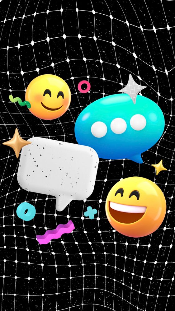 3D texting emoticons iPhone wallpaper, black distorted grid background, editable design