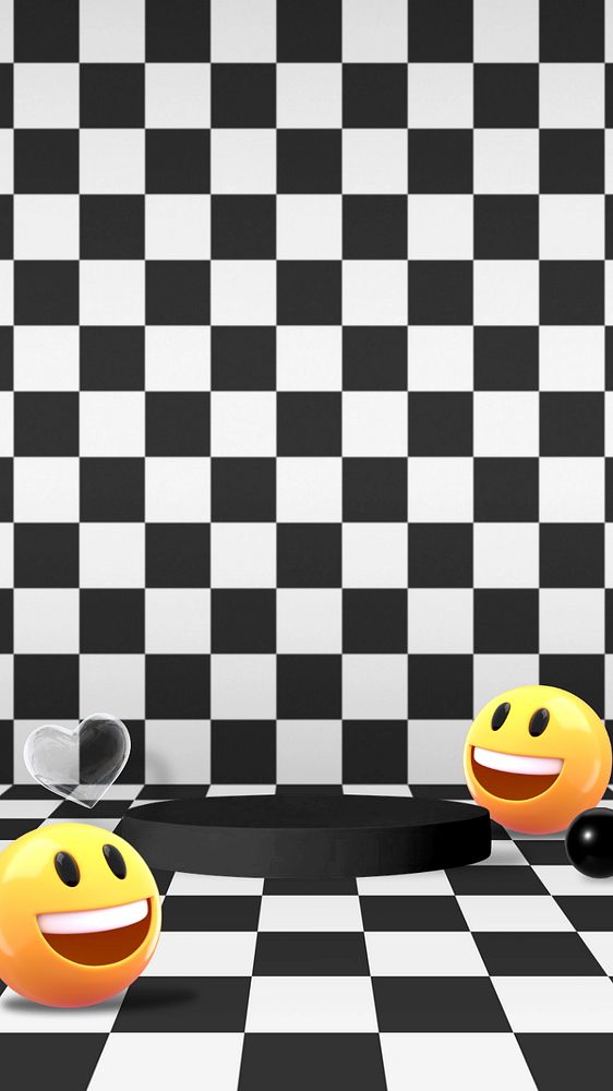 3D emoticons mobile wallpaper, black checkered product backdrop, editable design