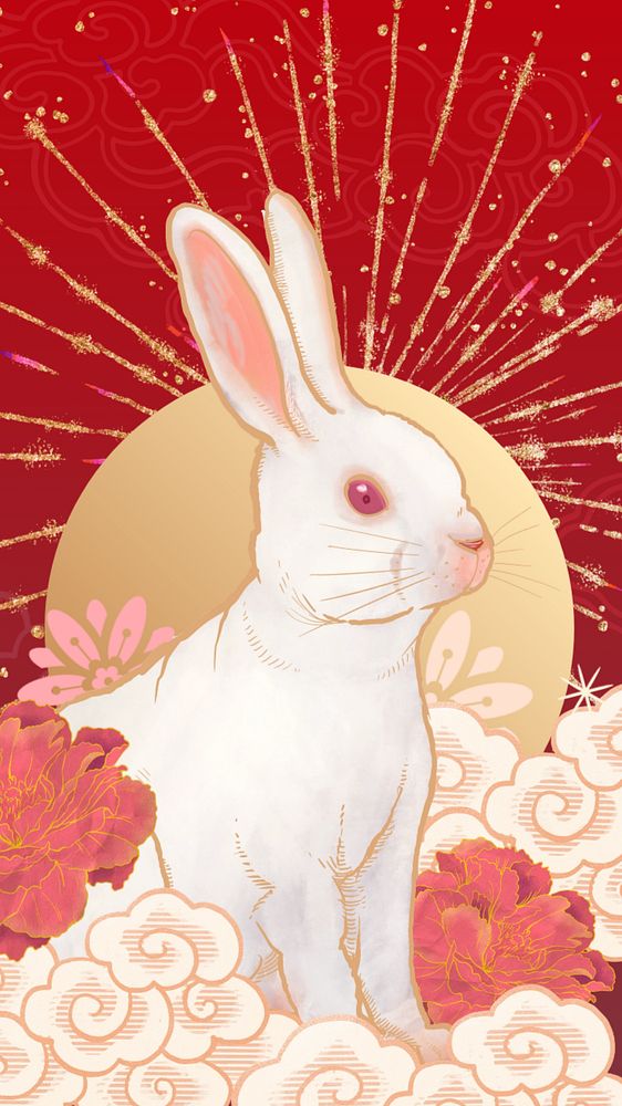 Oriental rabbit phone wallpaper, Chinese zodiac animal background, editable design