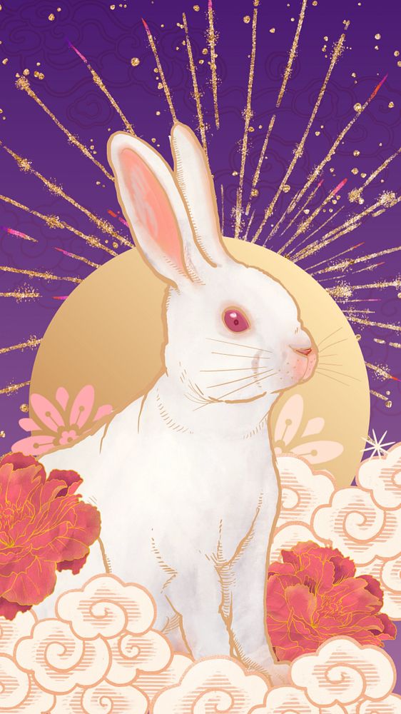 Oriental rabbit phone wallpaper, Chinese zodiac animal background, editable design