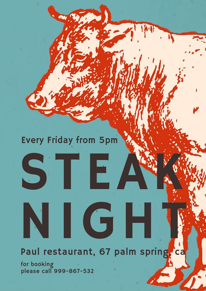 Retro steak restaurant poster  template, editable design 