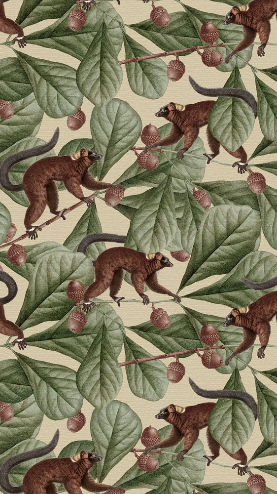 Vintage lemur pattern phone wallpaper, editable design